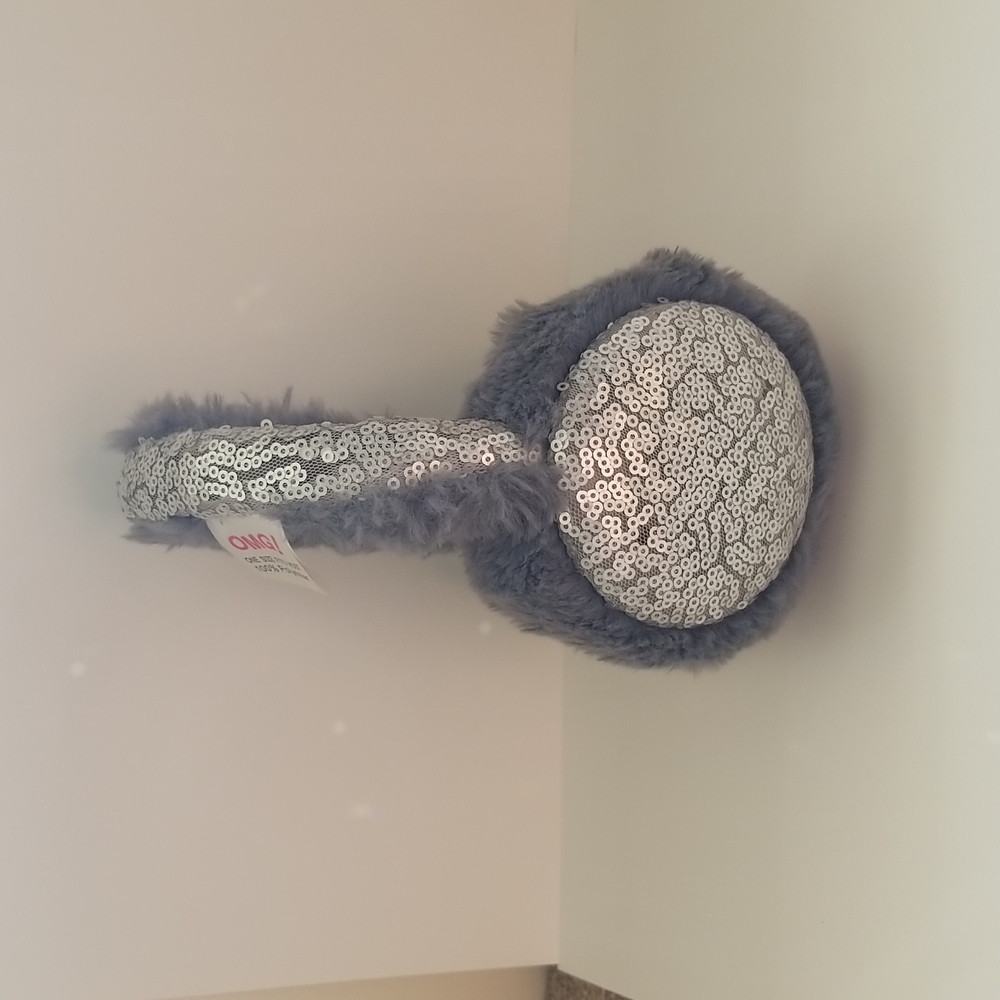 Girls fuzzy Gray earmuffs with silver sequins